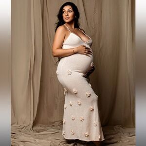 Cream Spaghetti Strap Backless 3D Flowers Maternity Maxi Dress